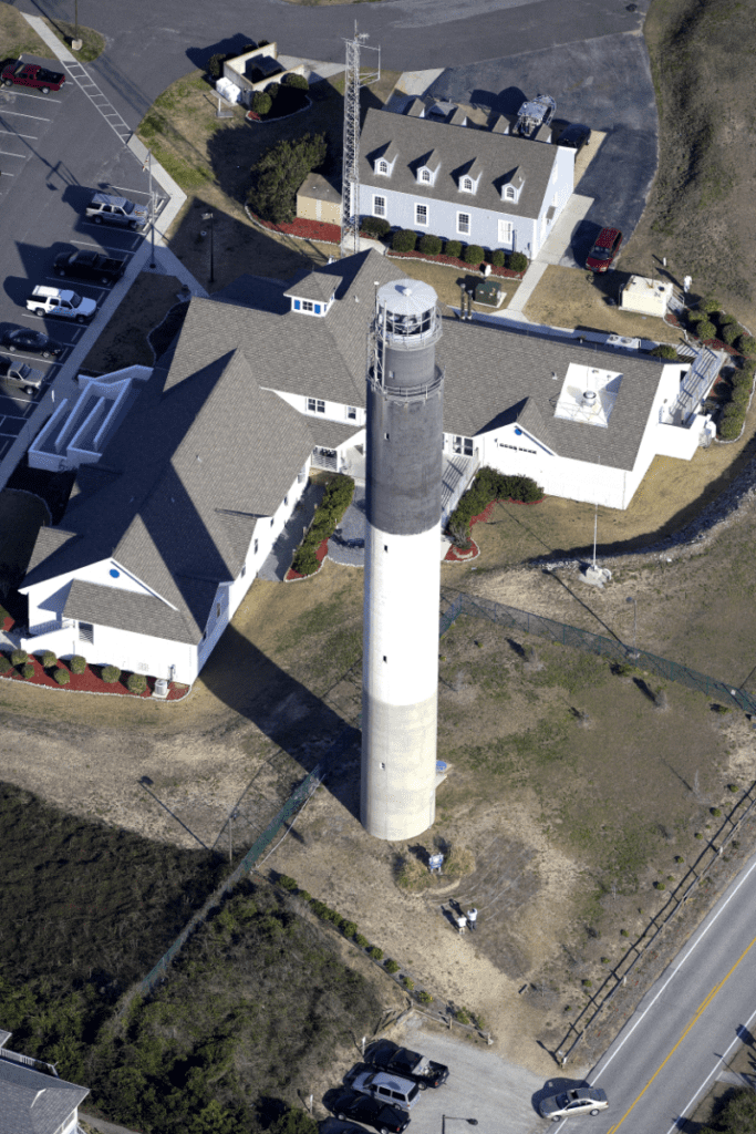 An aerial view of the Oak Island Lighthouse, part of the allure of Brunswick County's coastal region, always a top pick for North Carolina overnight trips!