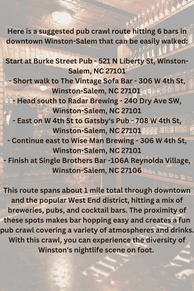 I threw together a little pub crawl idea to try!  There are many variations of this-feel free to map out your own favorite route!-Winston Salem Bars