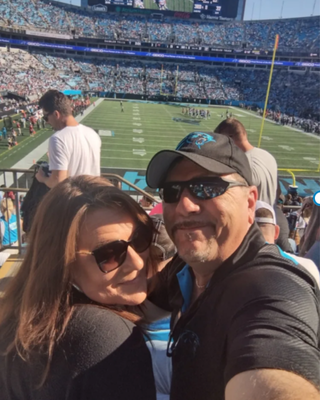 Getting into the spirit at a Carolina Panthers Game in Charlotte!
